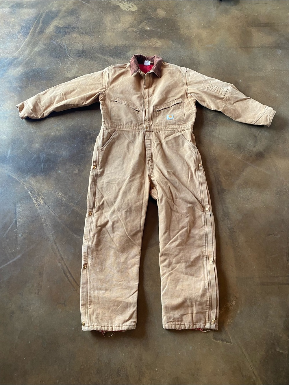 VTG 90s Carhartt Brown Duck Insulated Coveralls Jumpsuit Corduroy Collar USA